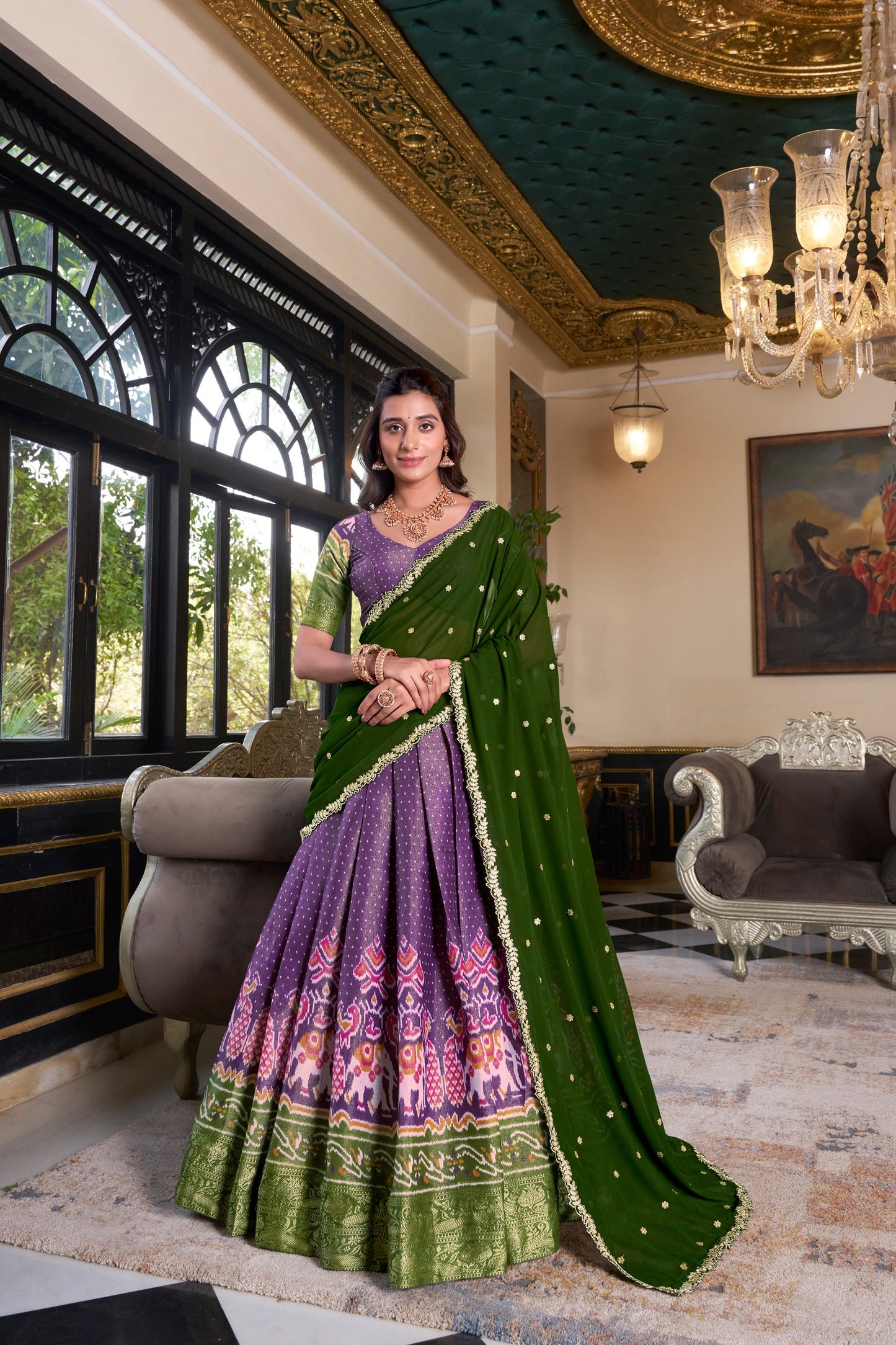 Zari Weaves With Printed South Lehenga
