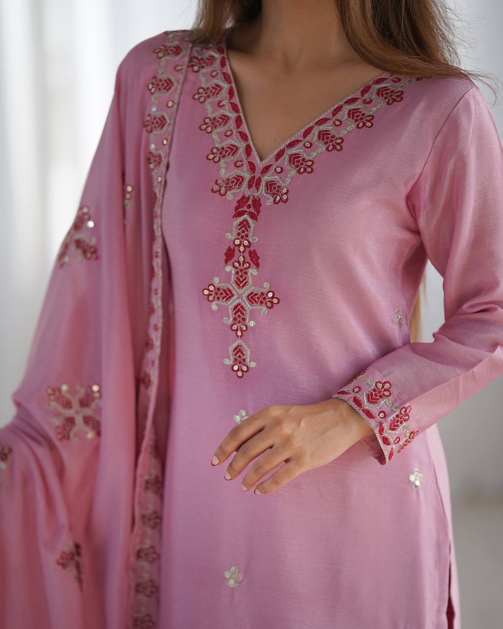 Embroidered Chinon Silk Kurta Set