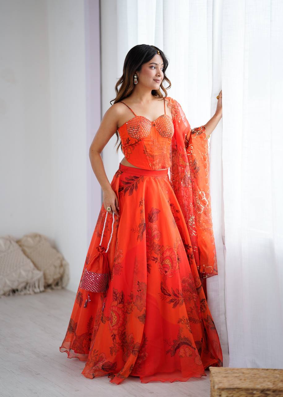Tangerine Digital Print Corset Lehenga
