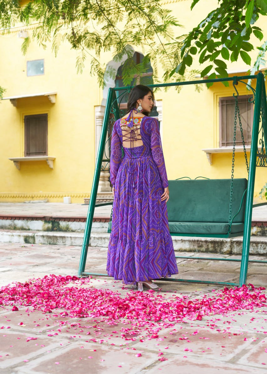Patch Work Neck Bandhani Flared Gown