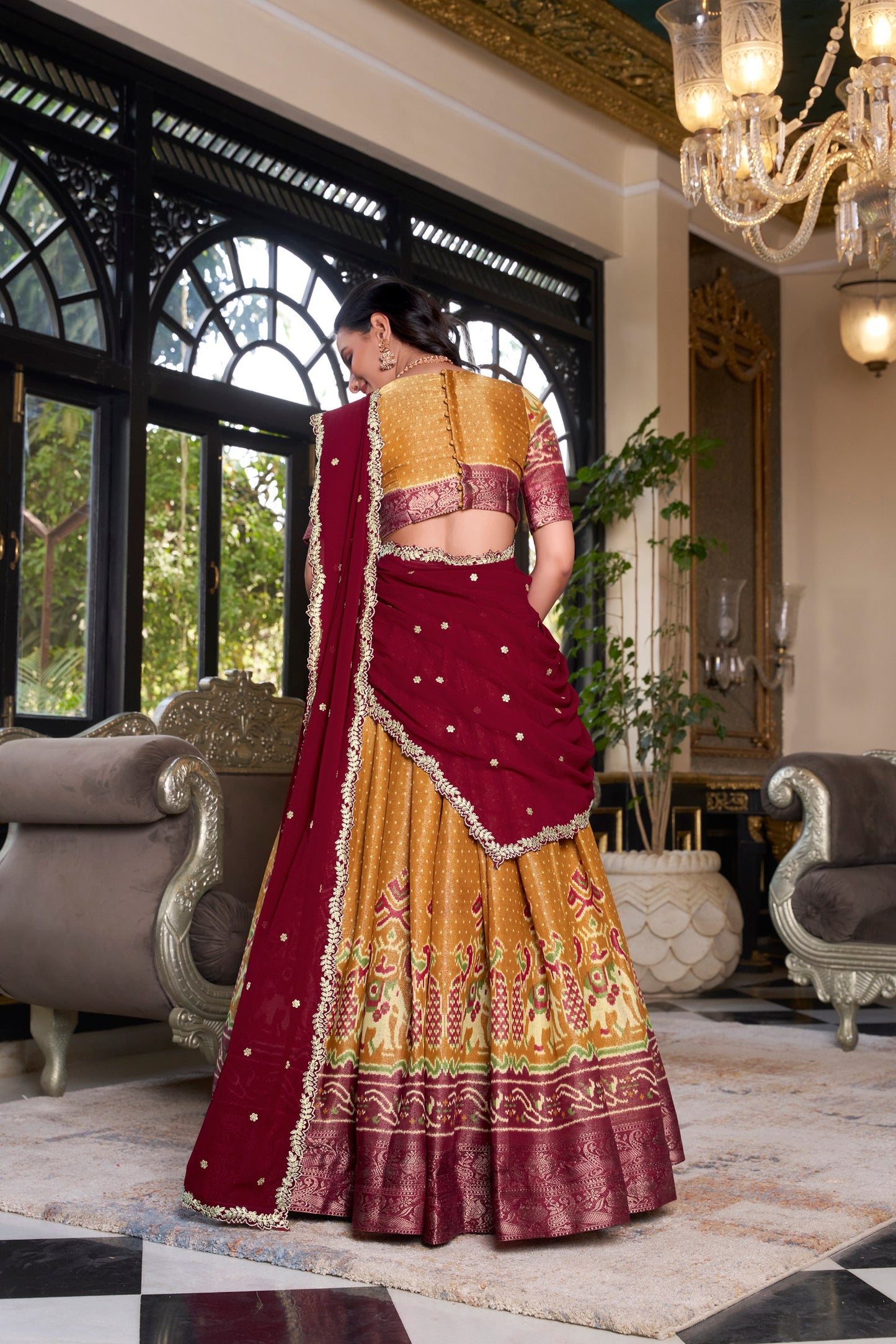 Zari Weaves With Printed South Lehenga