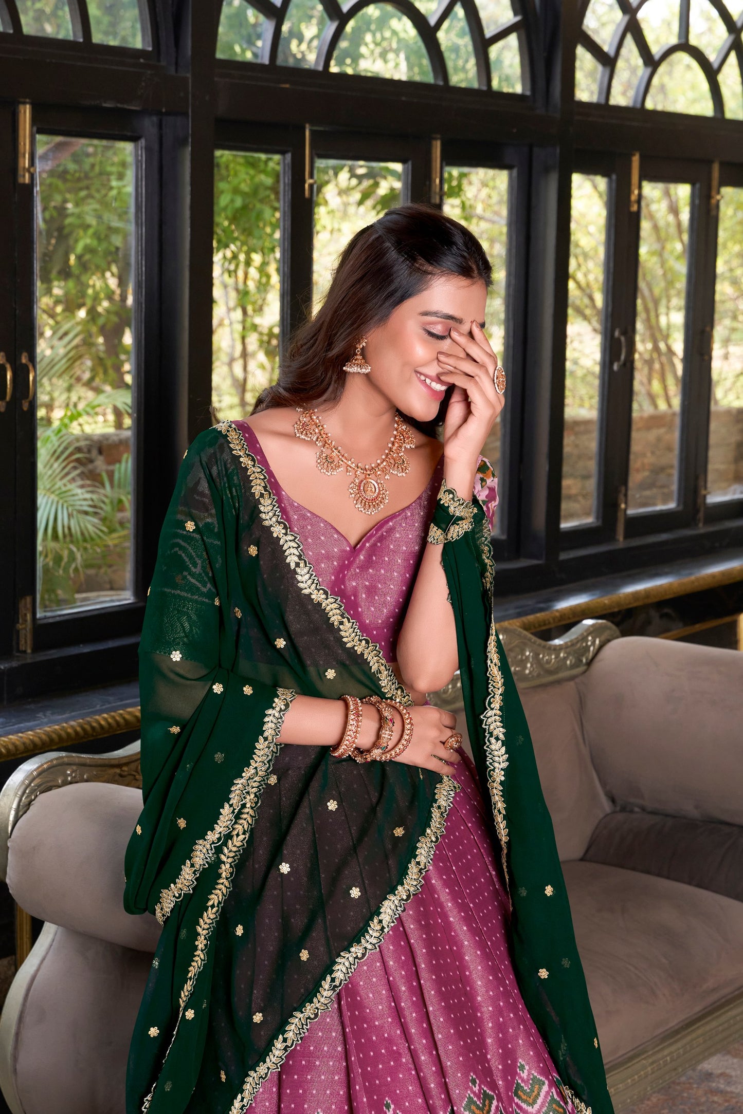 Zari Weaves With Printed South Lehenga
