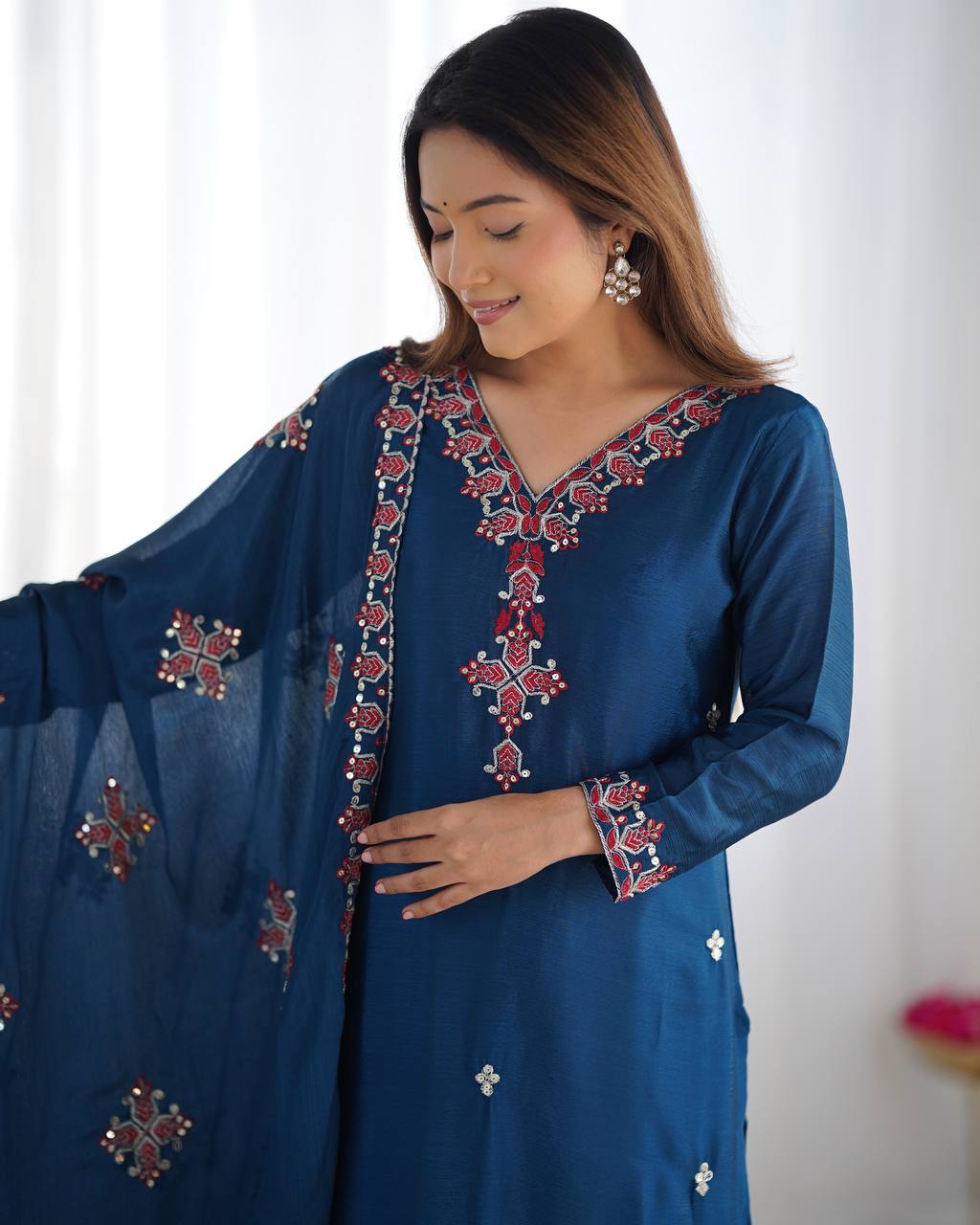 Embroidered Chinon Silk Kurta Set