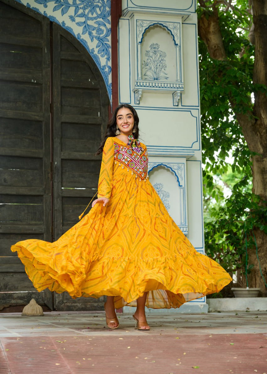 Patch Work Neck Bandhani Flared Gown