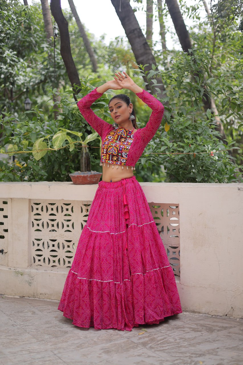 Georgette Bandhej Print Frill Lehenga