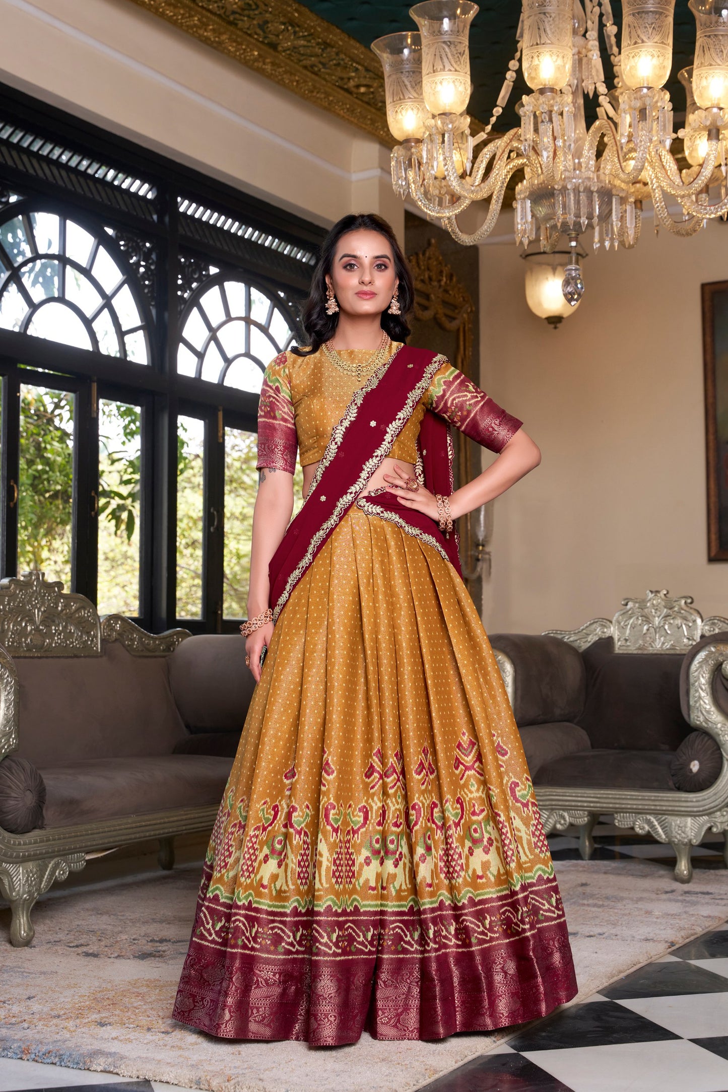 Zari Weaves With Printed South Lehenga