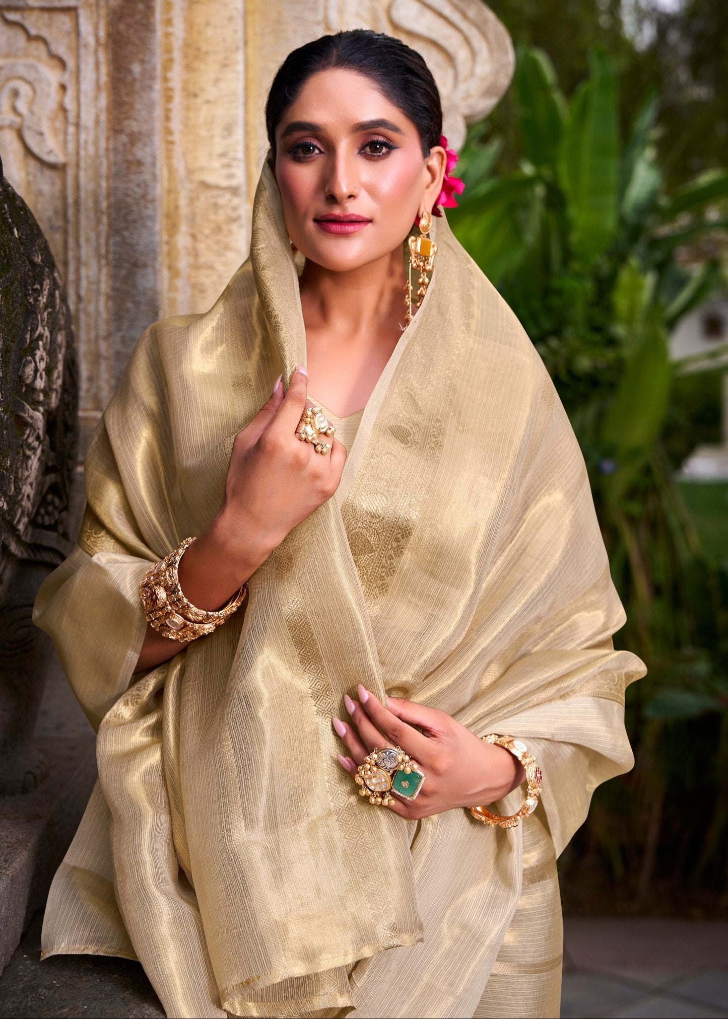 Soft Golden Tissue Saree Set