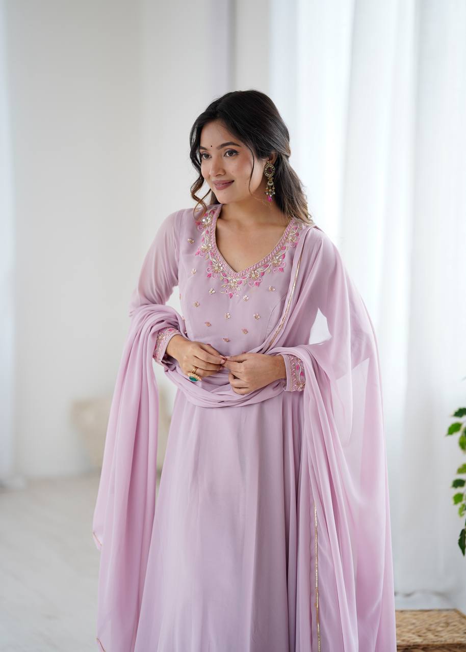 Lavender Neck Embroidery Georgette Gown
