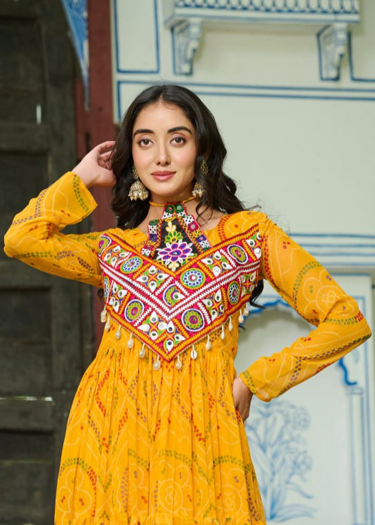 Patch Work Neck Bandhani Flared Gown