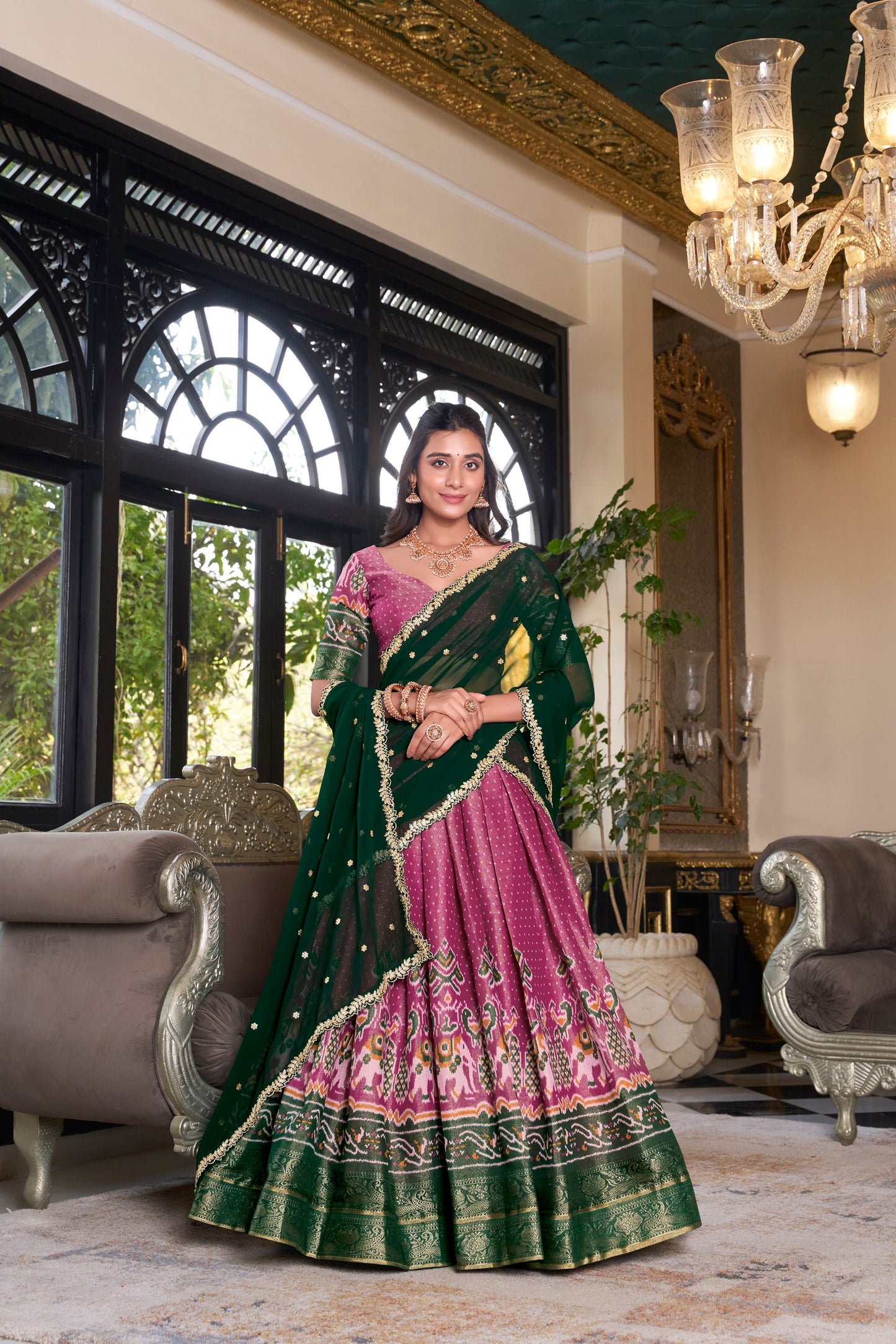 Zari Weaves With Printed South Lehenga