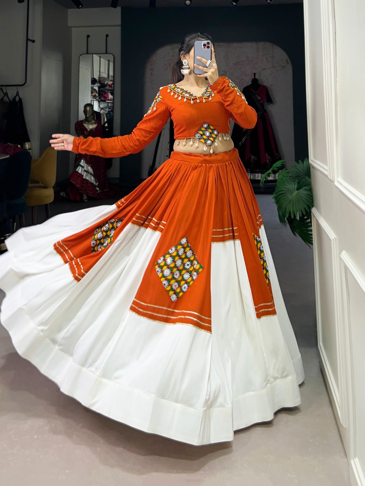 Navratri Patchwork Cowrie Charm Lehenga