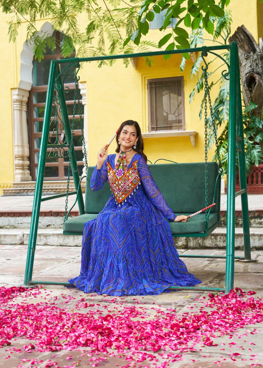 Patch Work Neck Bandhani Flared Gown