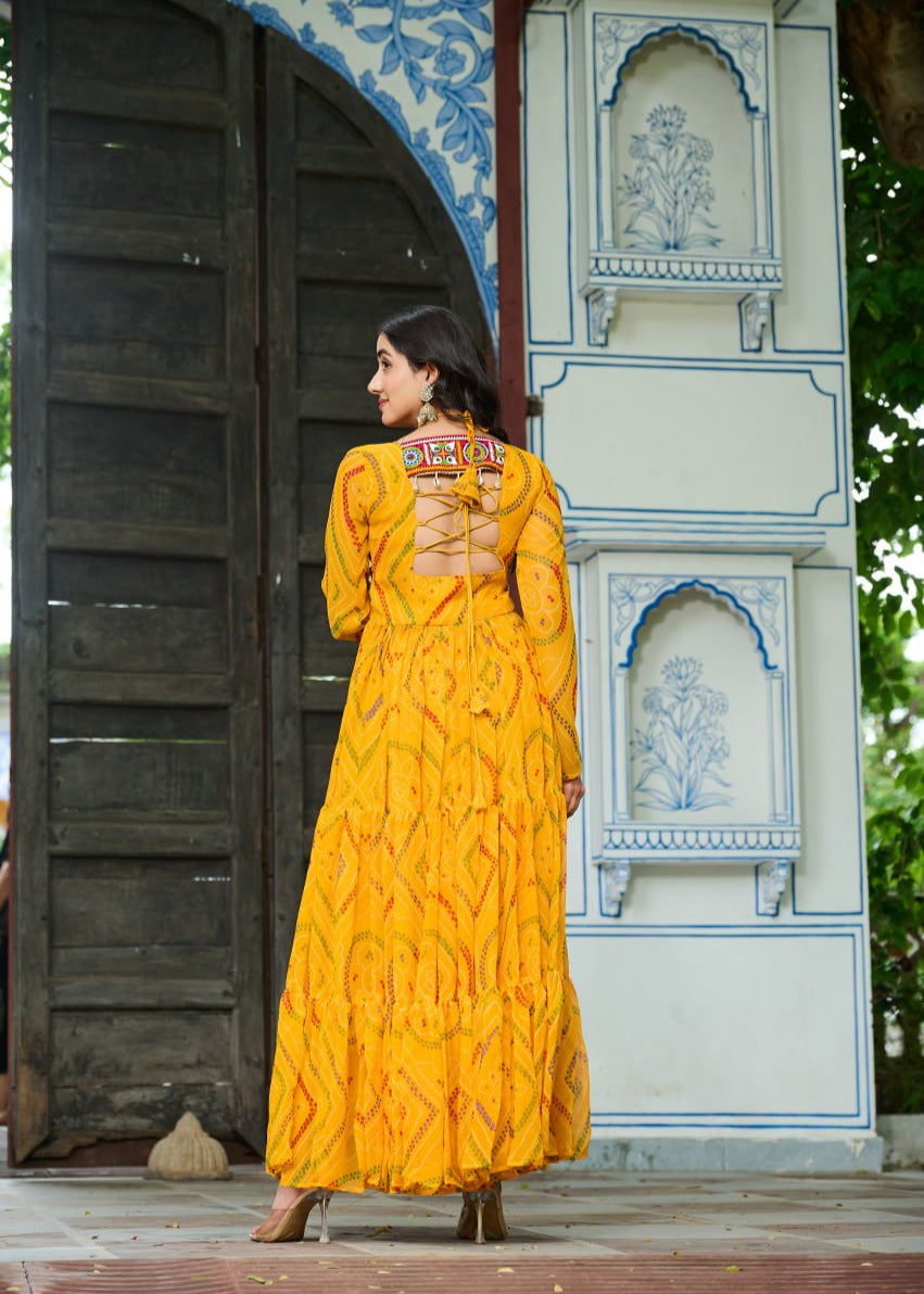 Patch Work Neck Bandhani Flared Gown