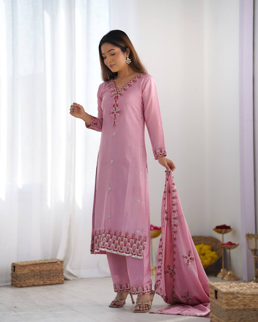 Embroidered Chinon Silk Kurta Set