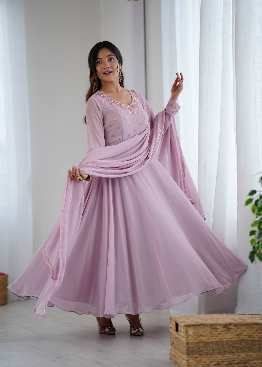 Lavender Neck Embroidery Georgette Gown
