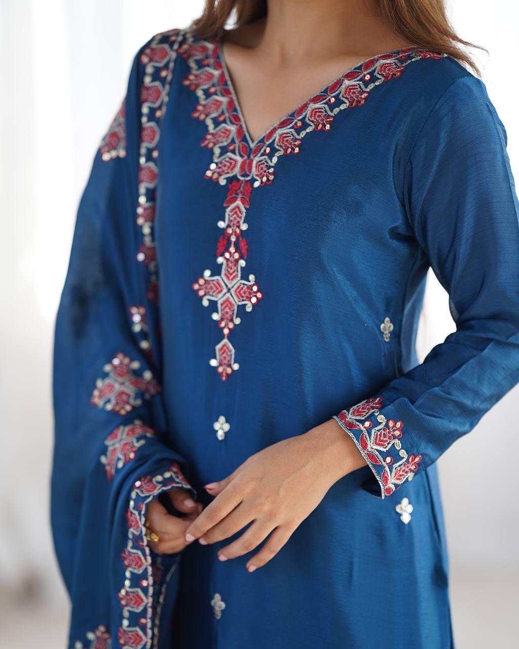 Embroidered Chinon Silk Kurta Set