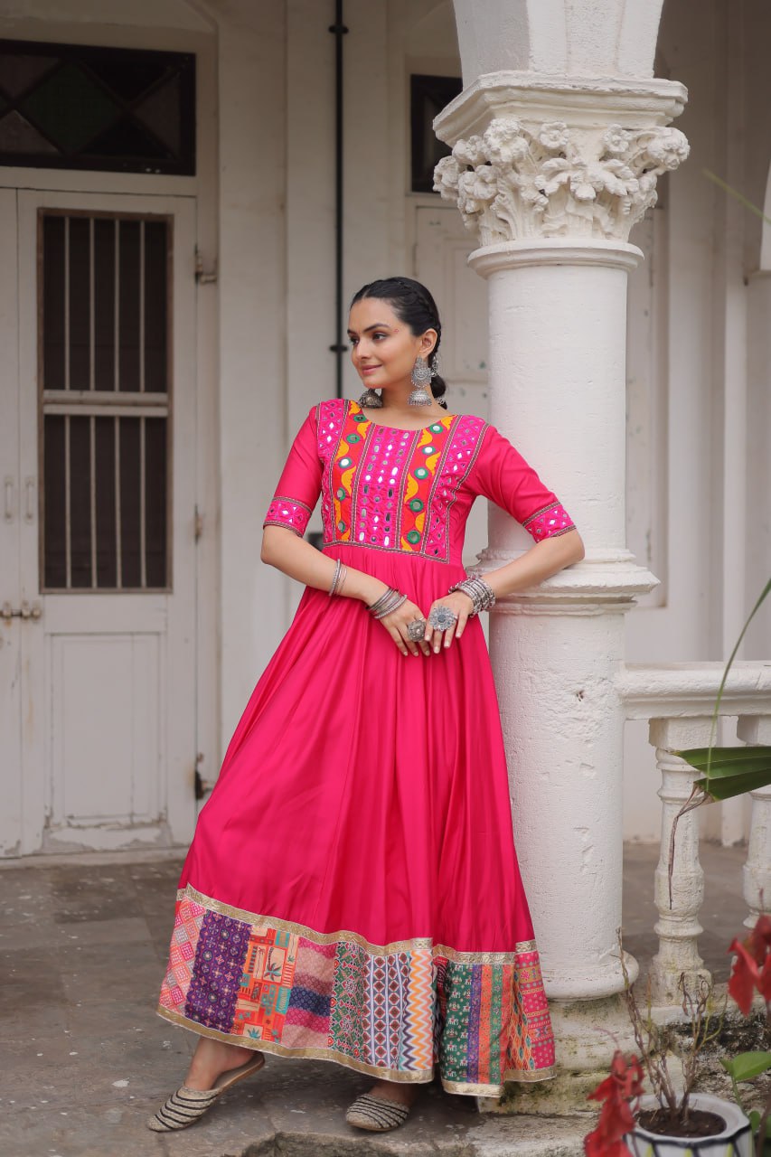 Multicolour Thread & Mirror Work Gown