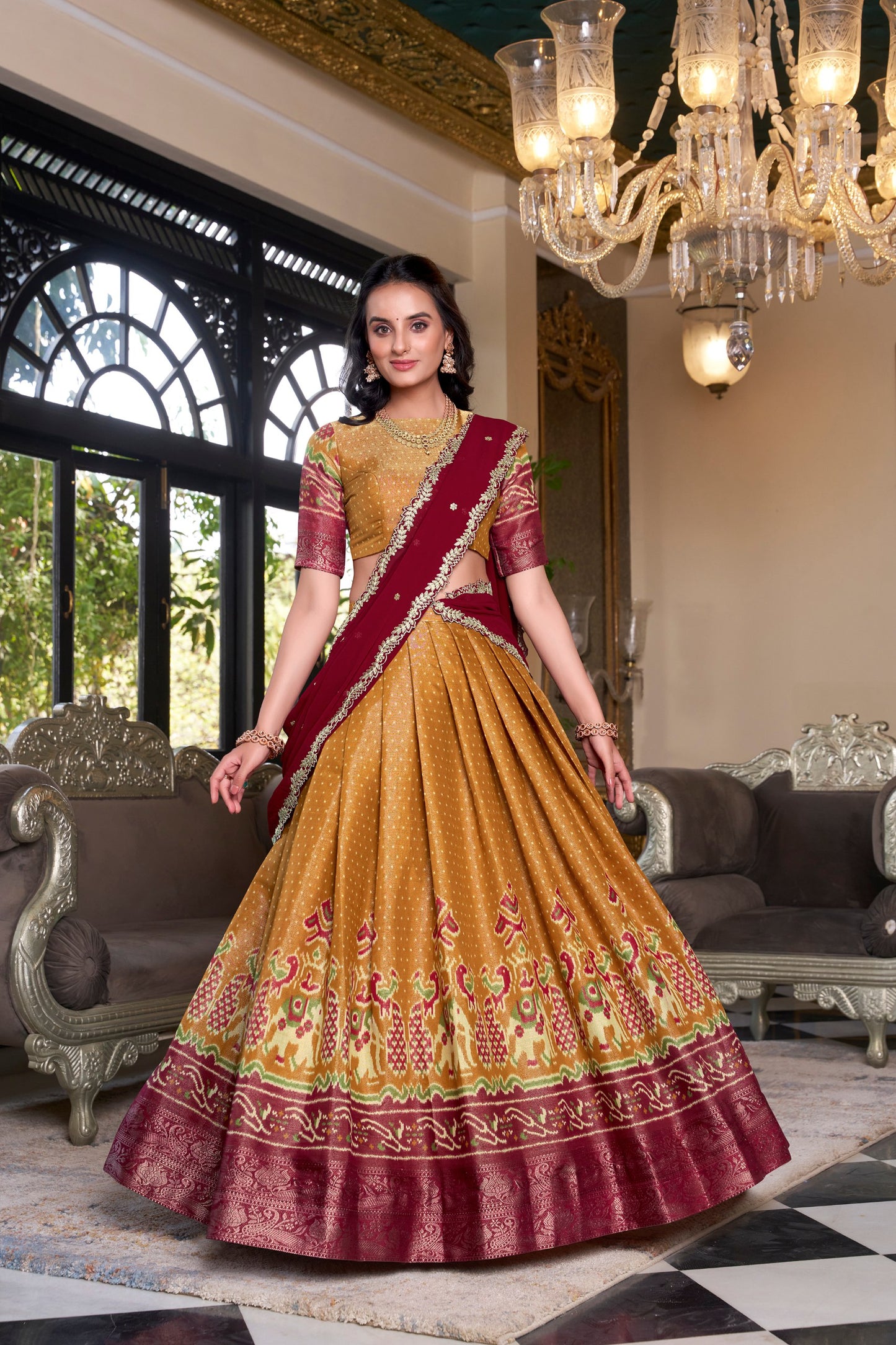 Zari Weaves With Printed South Lehenga