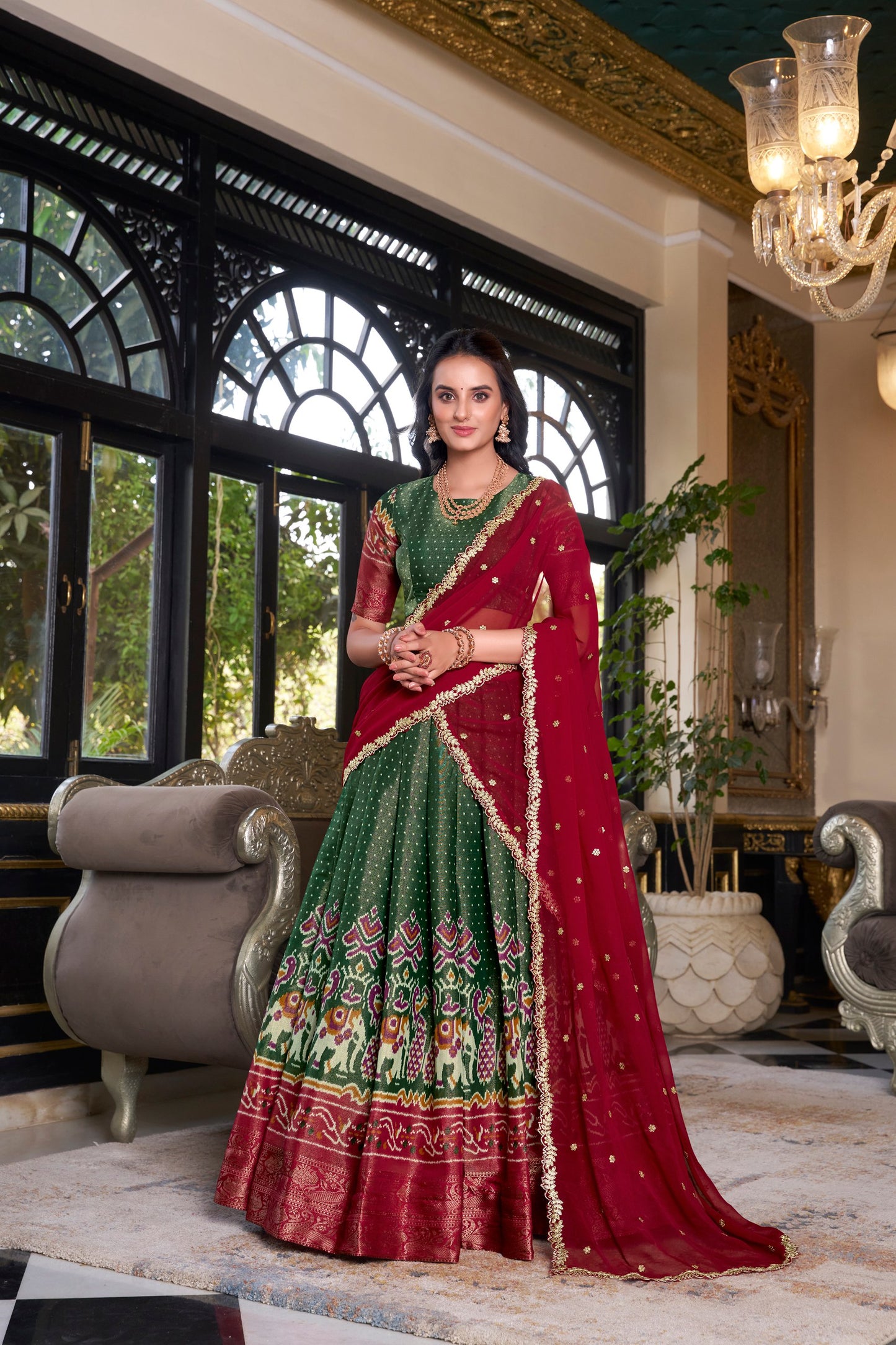 Zari Weaves With Printed South Lehenga