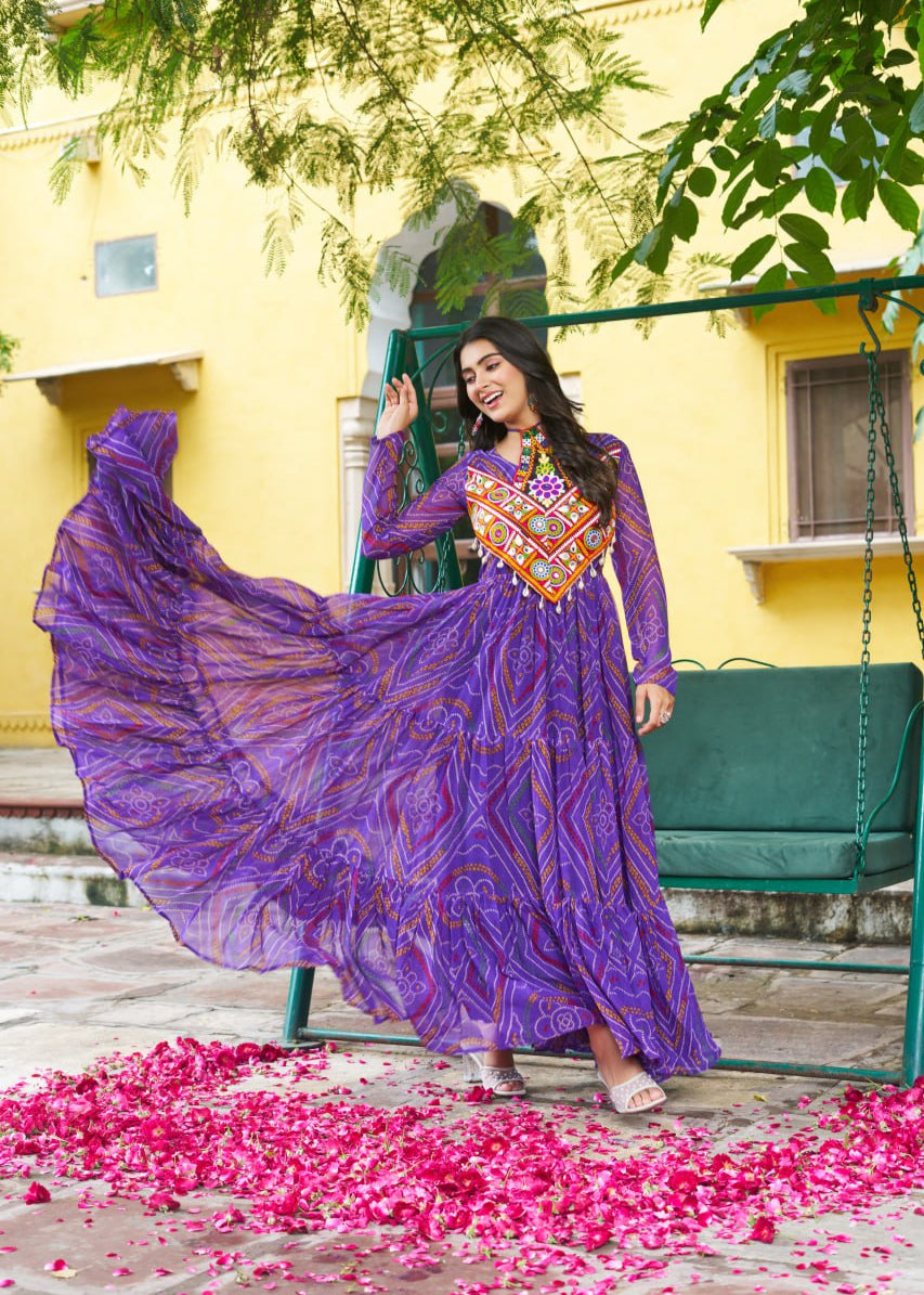 Patch Work Neck Bandhani Flared Gown