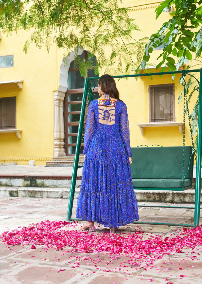 Patch Work Neck Bandhani Flared Gown