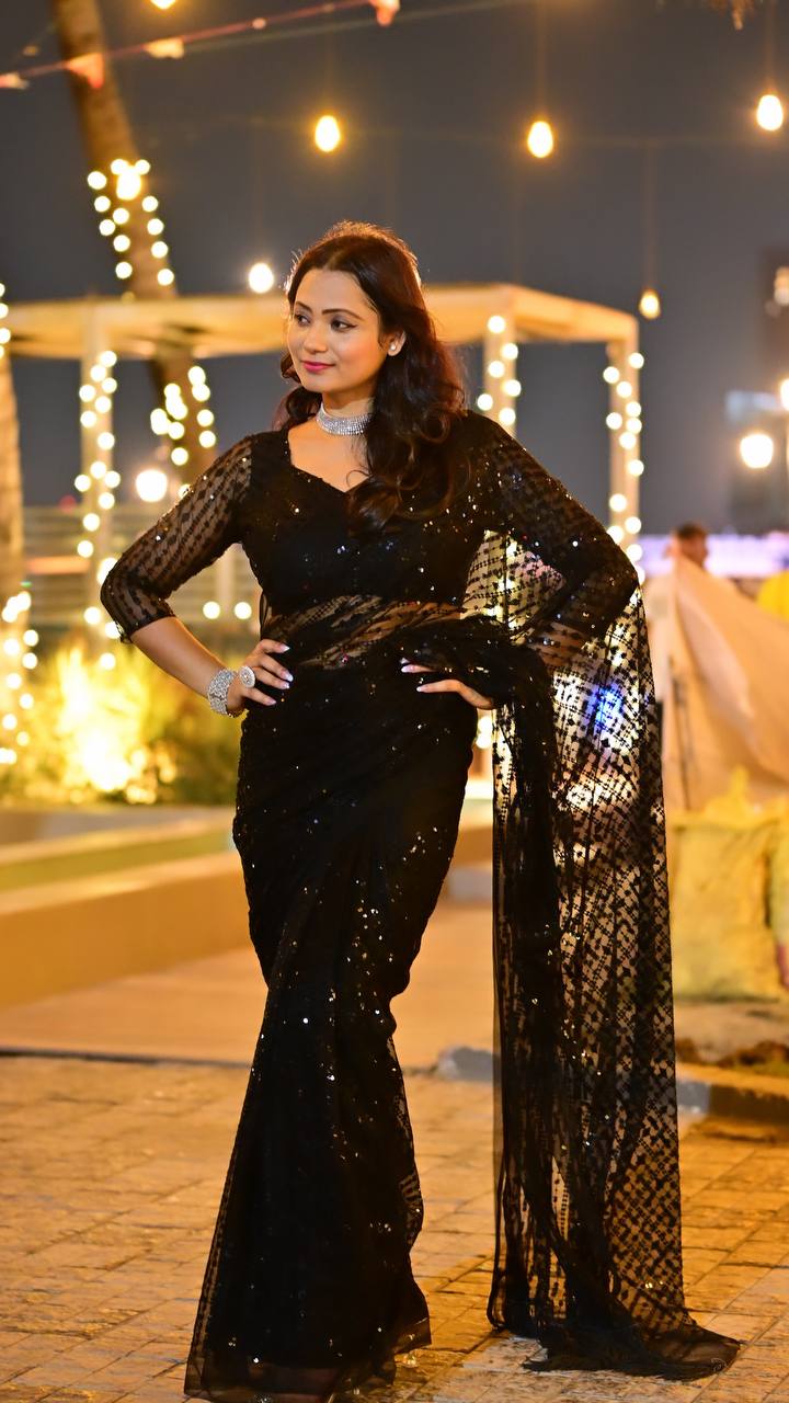 Black Shimmer Threadwork Saree