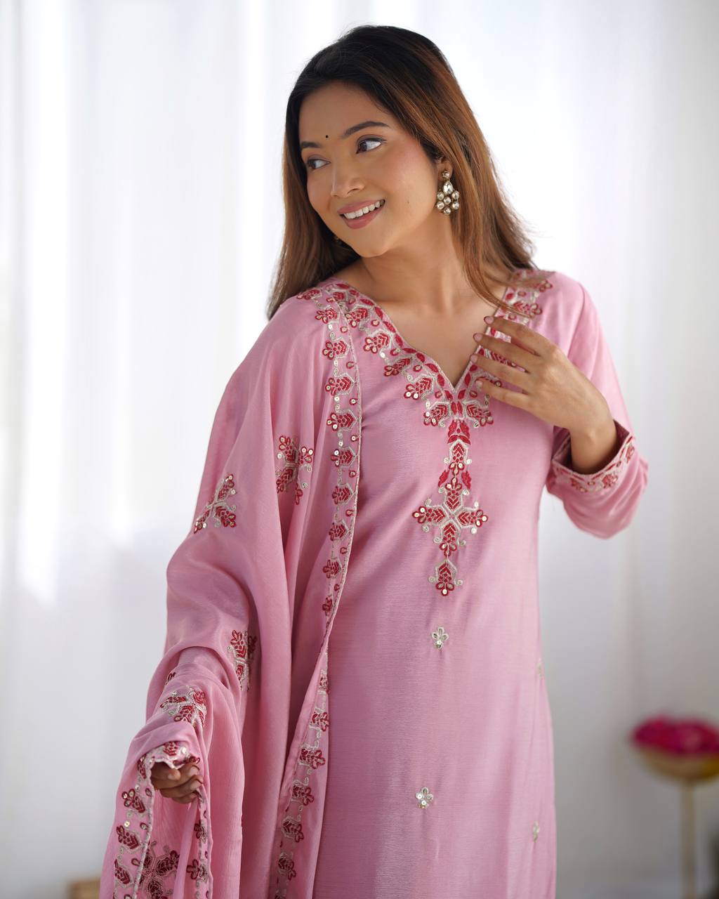 Embroidered Chinon Silk Kurta Set