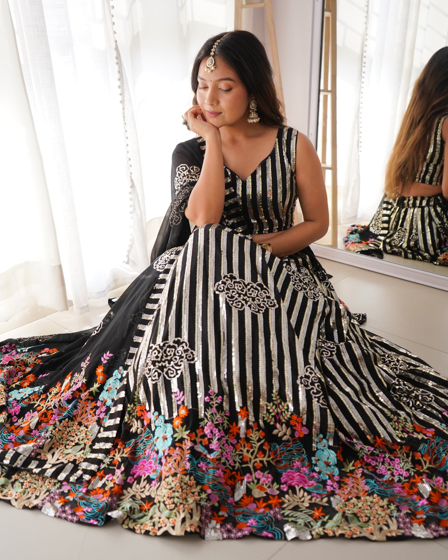 Glimmering Stripe And Floral Lehenga