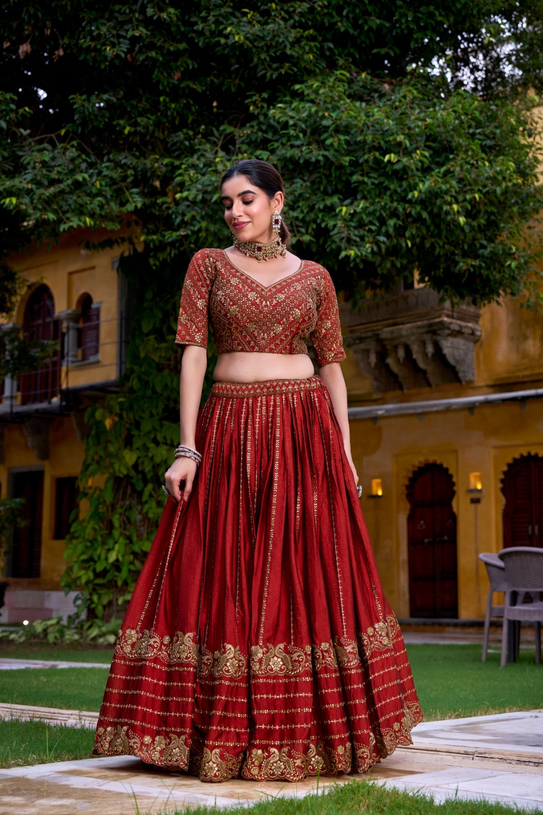 Golden Threaded Rust Red Lehenga