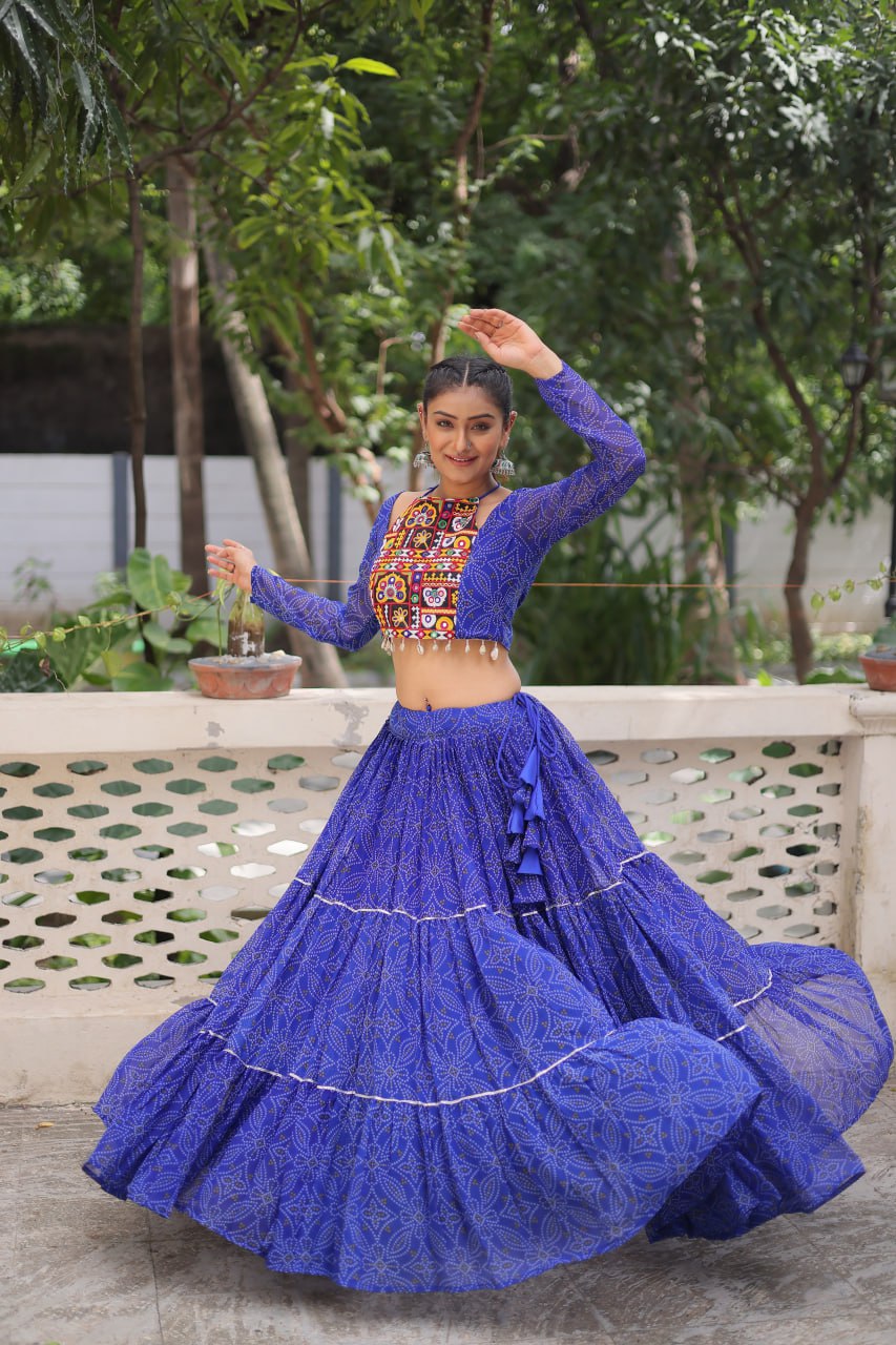 Georgette Bandhej Print Frill Lehenga