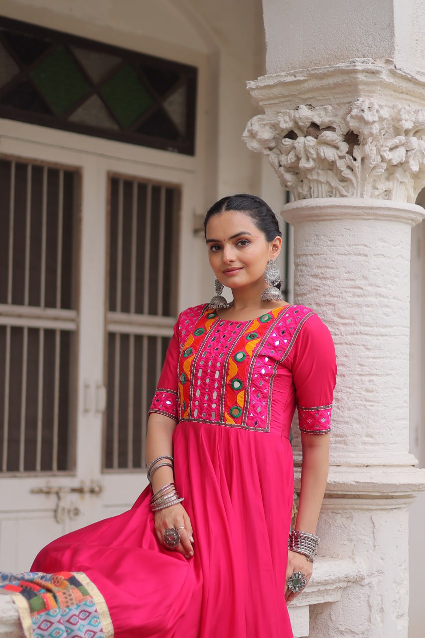Multicolour Thread & Mirror Work Gown