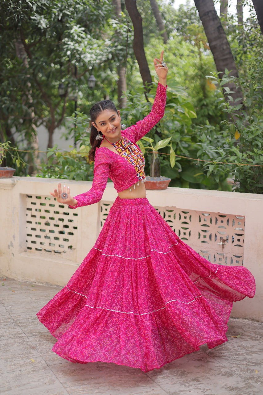 Georgette Bandhej Print Frill Lehenga