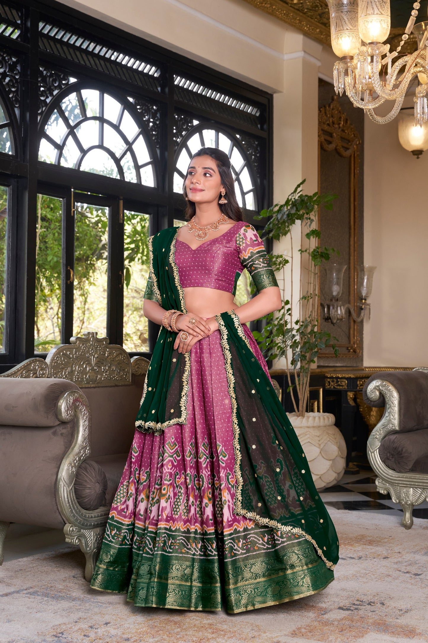 Zari Weaves With Printed South Lehenga