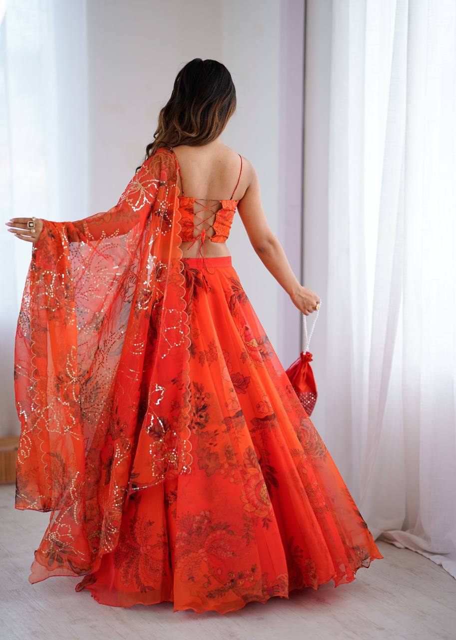 Tangerine Digital Print Corset Lehenga