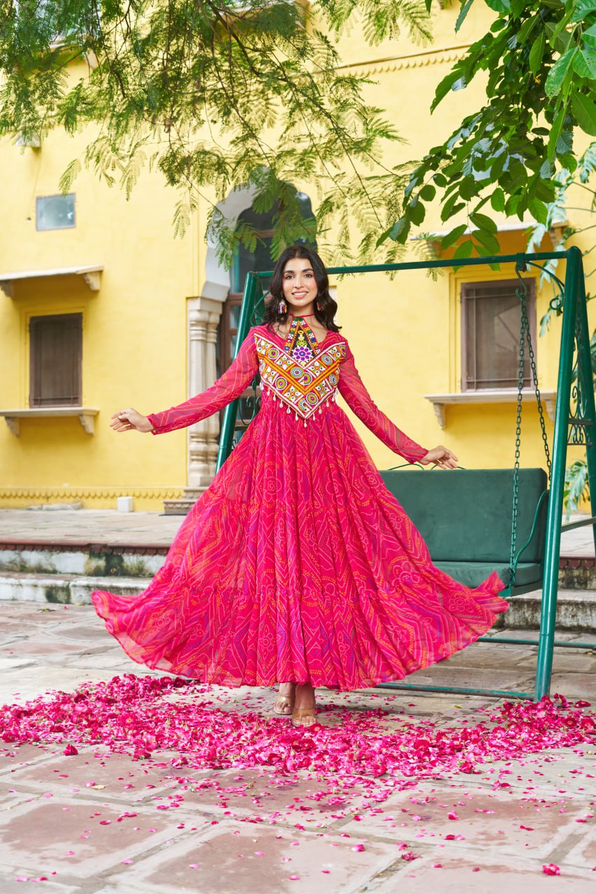 Patch Work Neck Bandhani Flared Gown