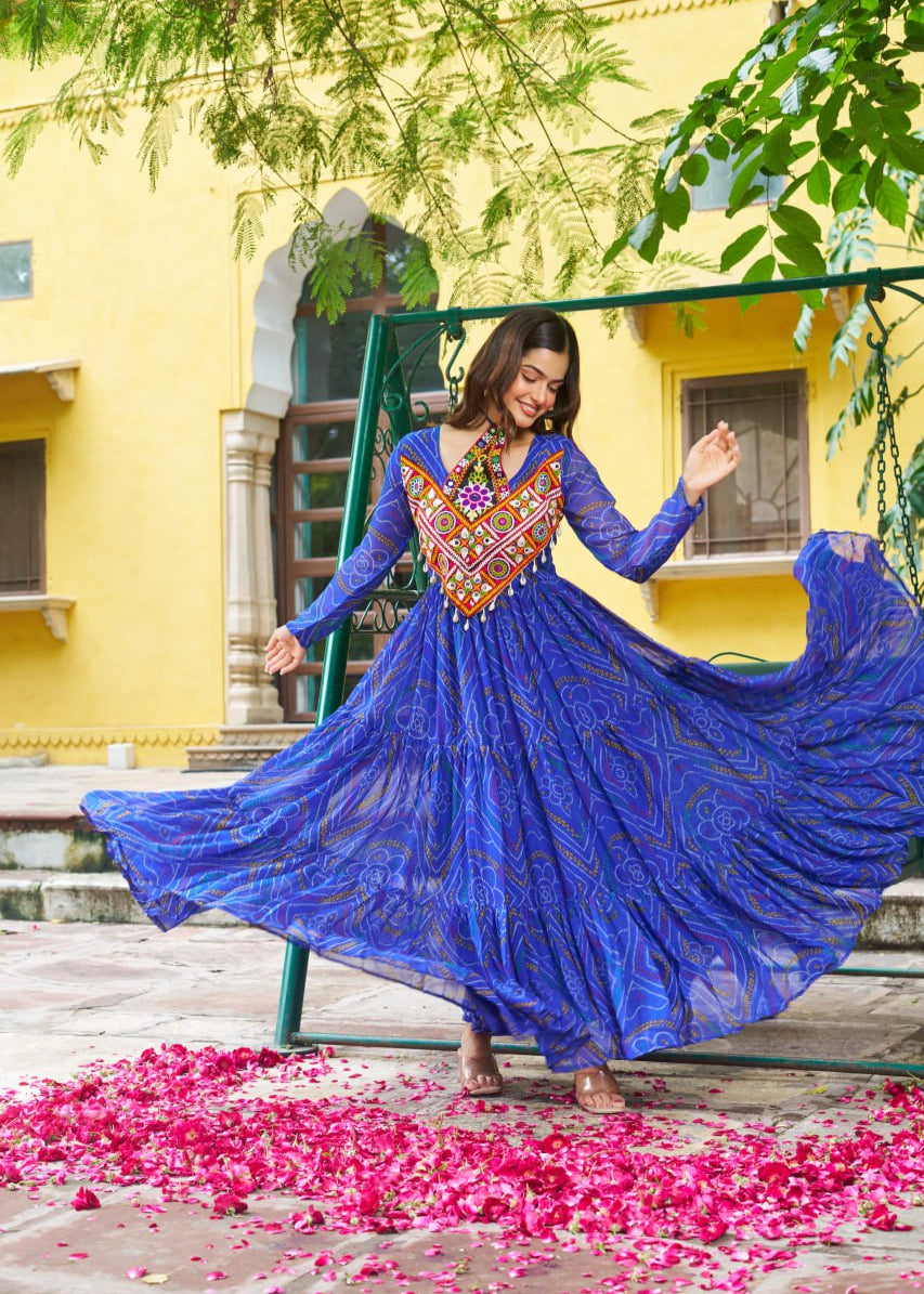 Patch Work Neck Bandhani Flared Gown