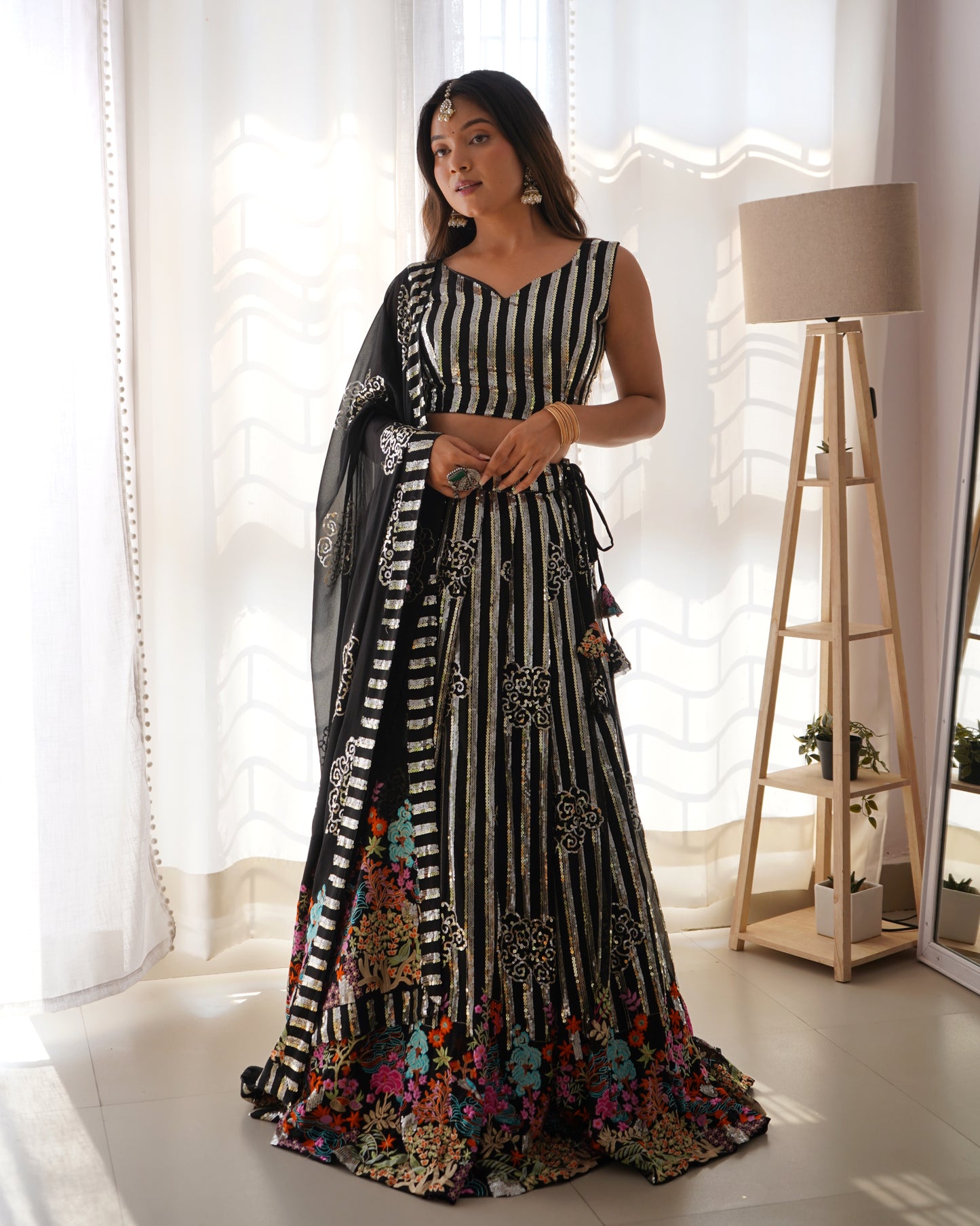 Glimmering Stripe And Floral Lehenga