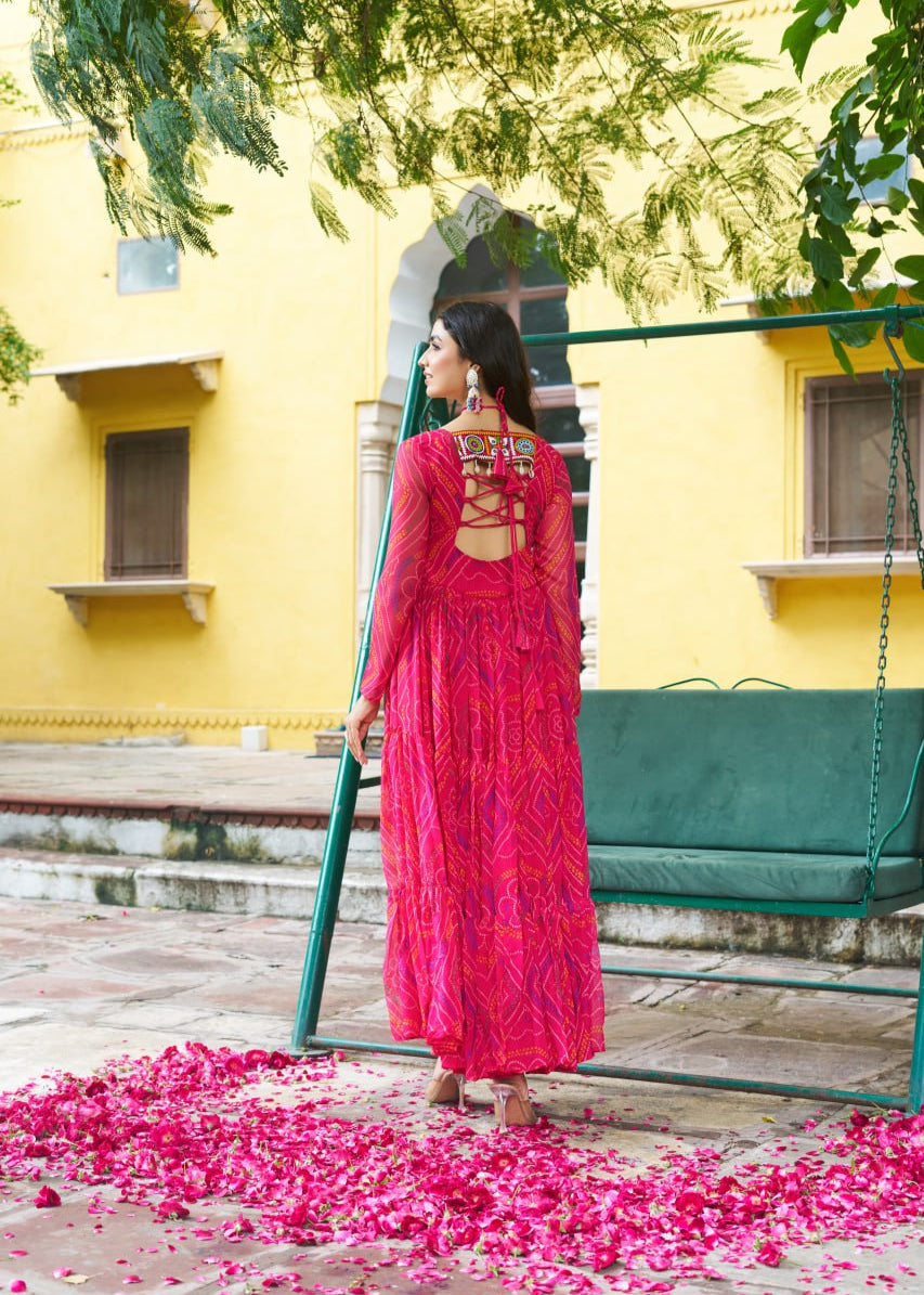 Patch Work Neck Bandhani Flared Gown
