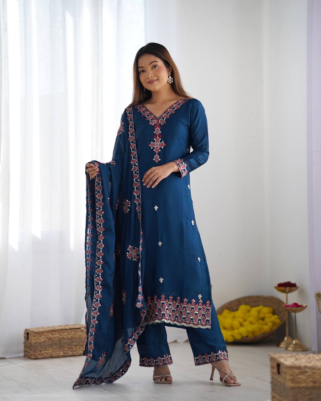 Embroidered Chinon Silk Kurta Set