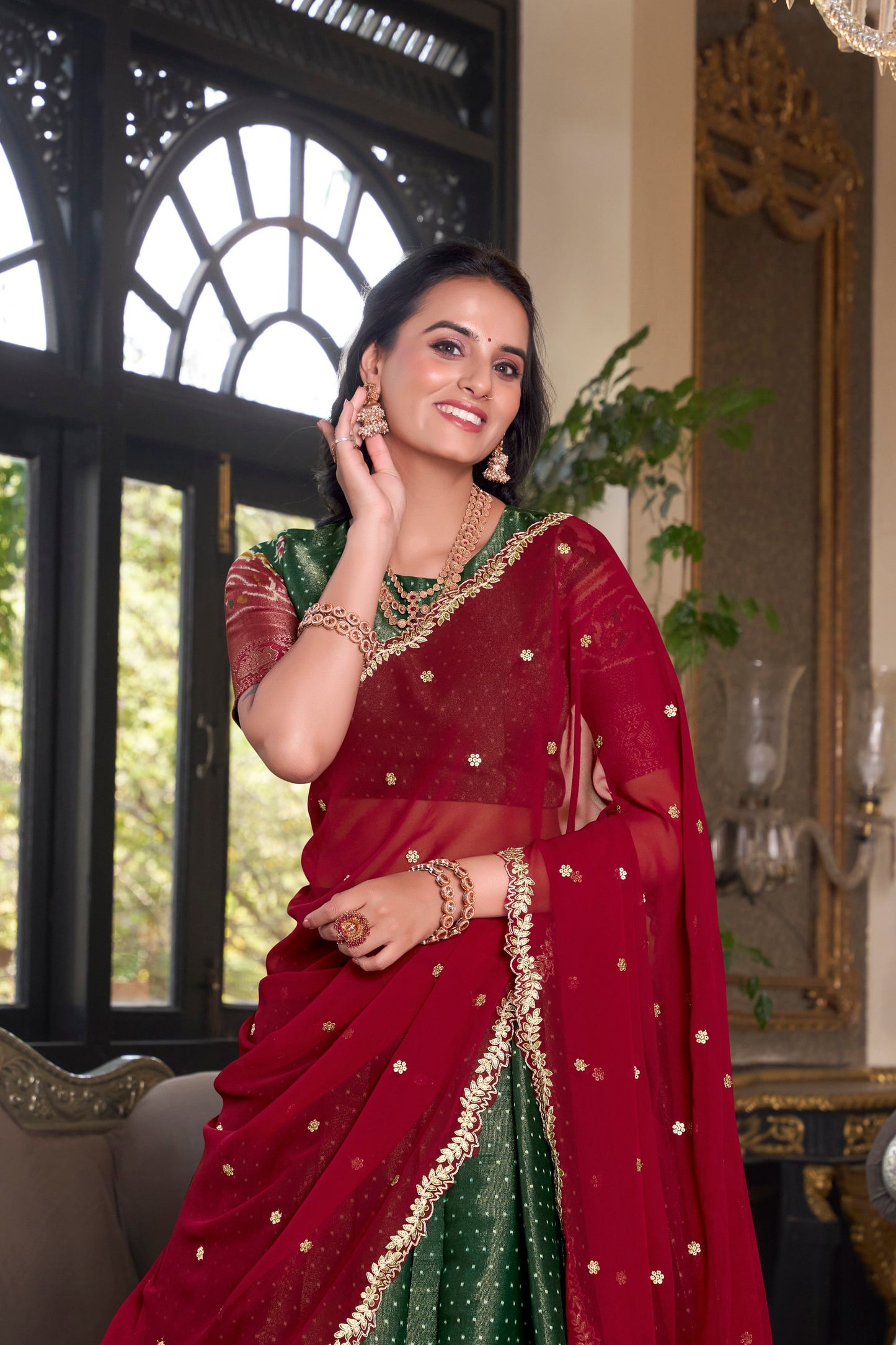 Zari Weaves With Printed South Lehenga