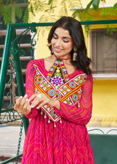 Patch Work Neck Bandhani Flared Gown
