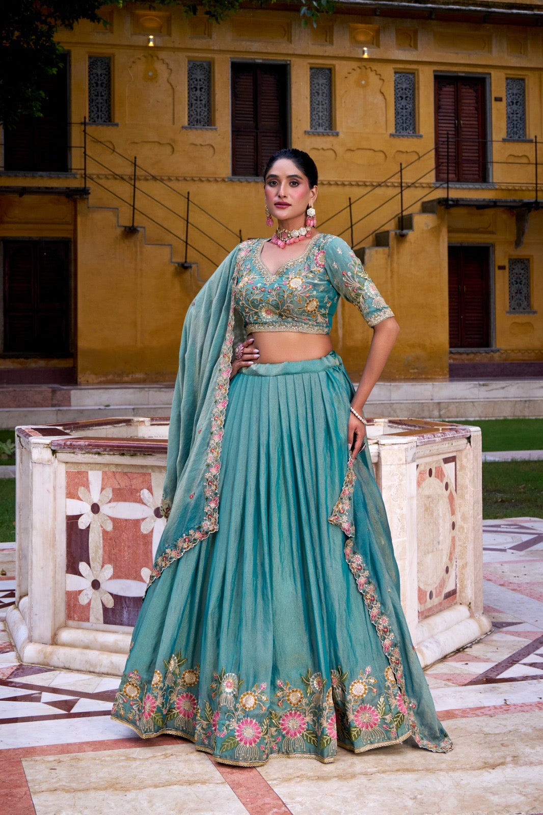 Zari Shine Floral Work Lehenga