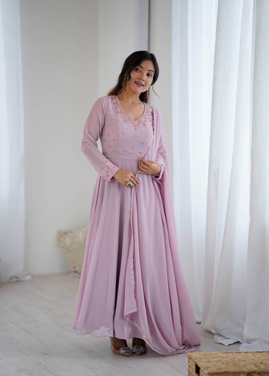 Lavender Neck Embroidery Georgette Gown