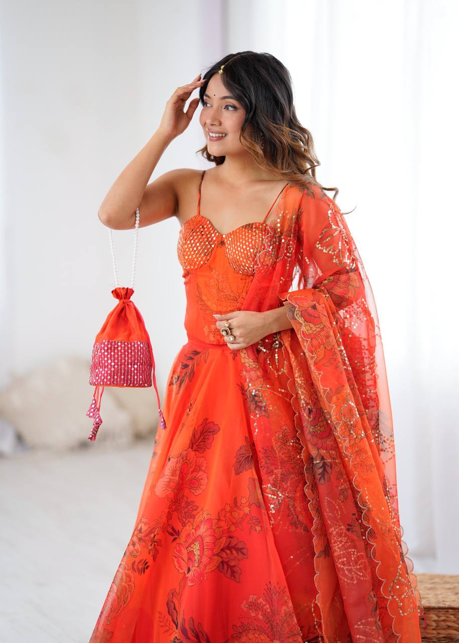 Tangerine Digital Print Corset Lehenga
