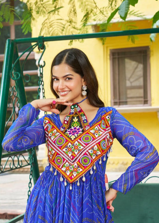 Patch Work Neck Bandhani Flared Gown
