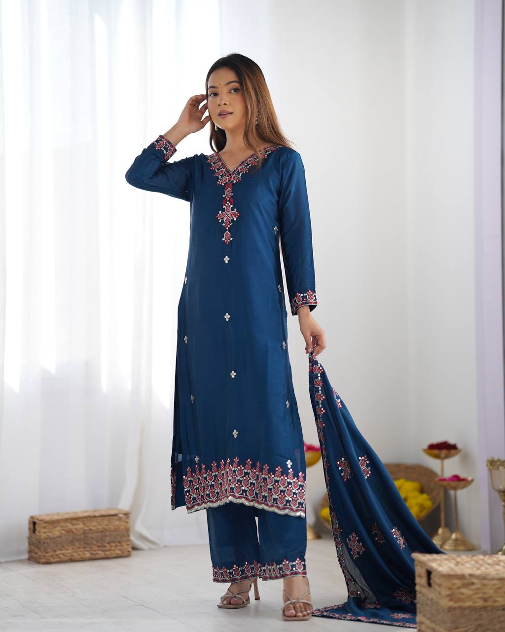 Embroidered Chinon Silk Kurta Set
