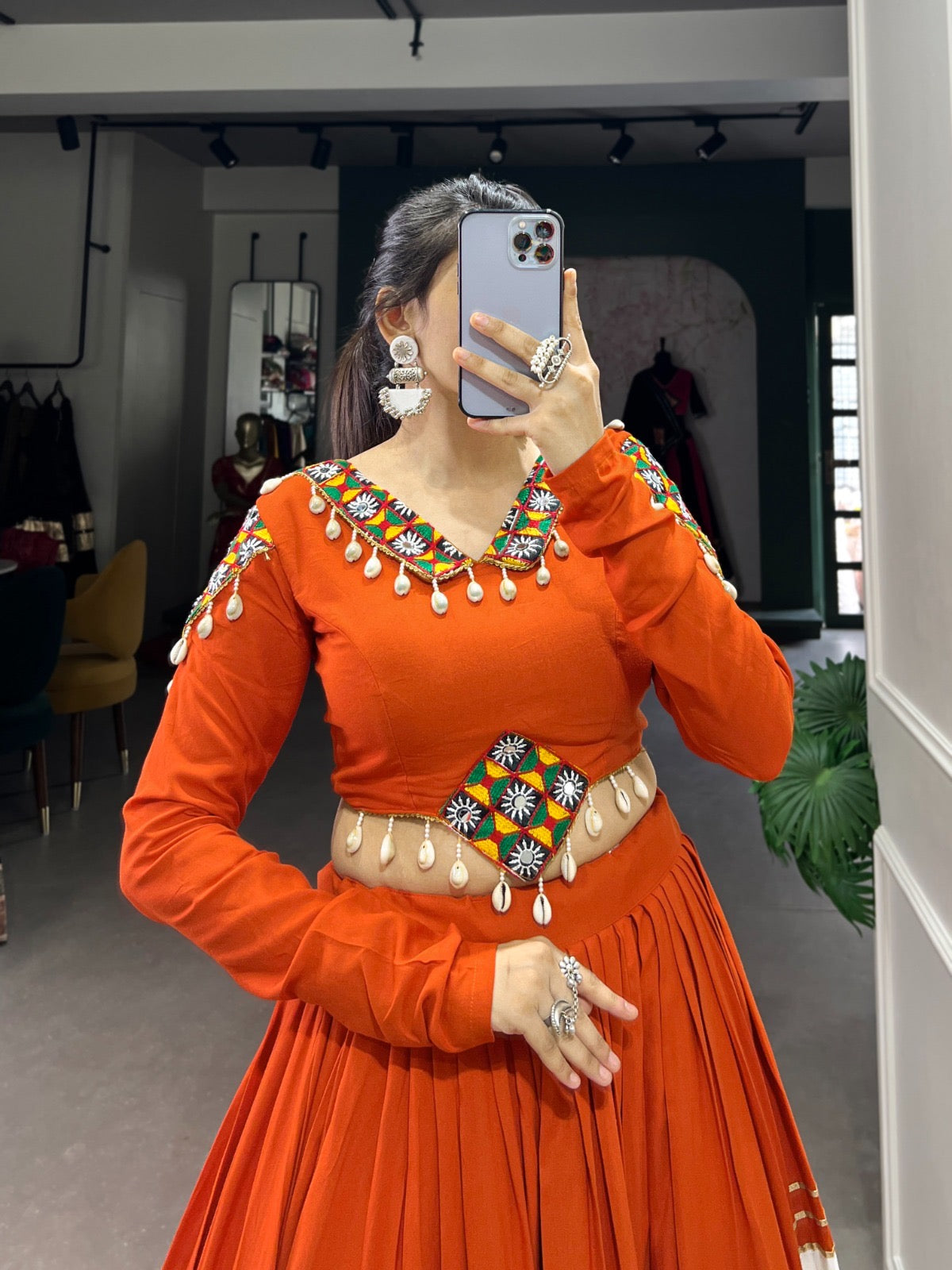 Navratri Patchwork Cowrie Charm Lehenga