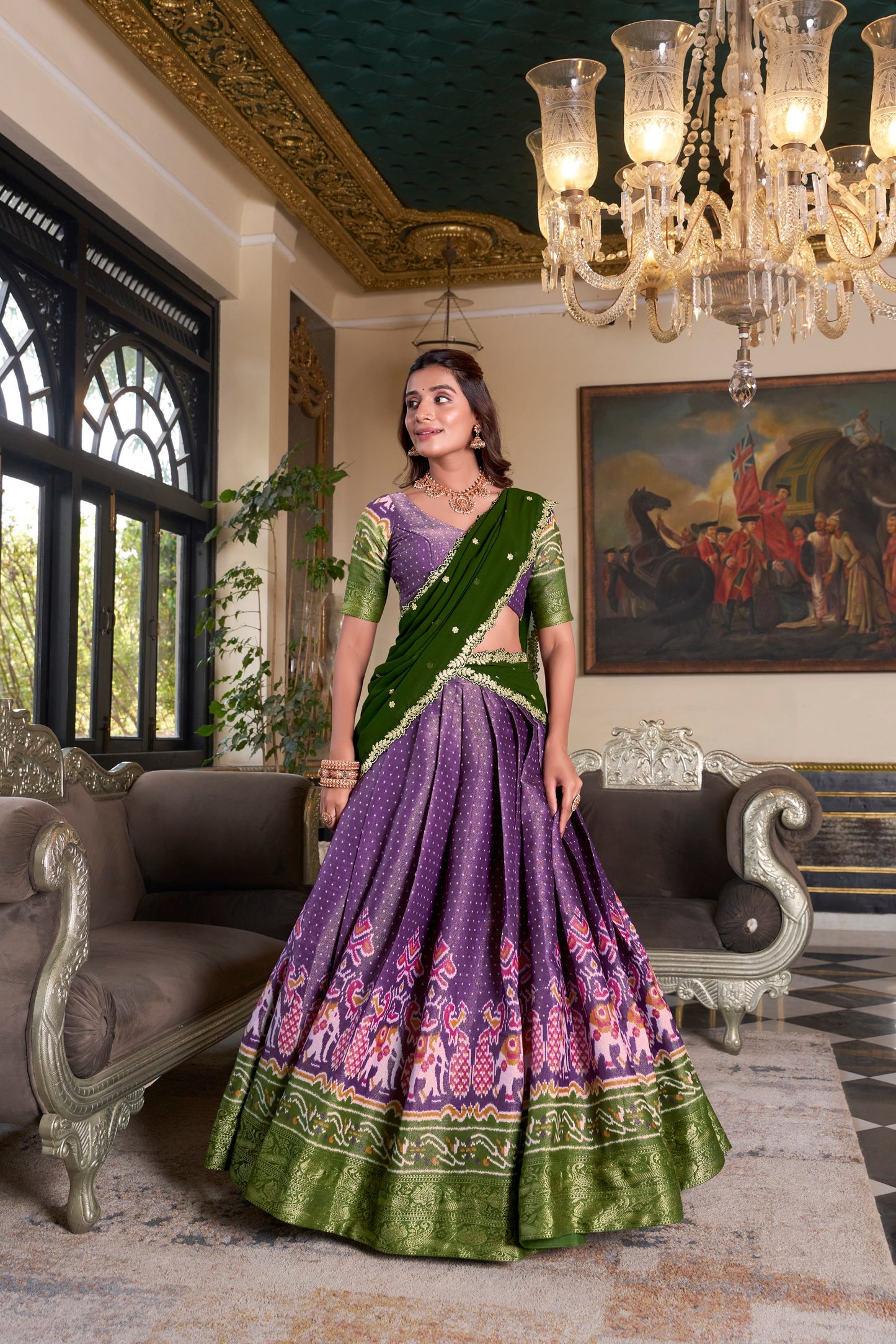 Zari Weaves With Printed South Lehenga