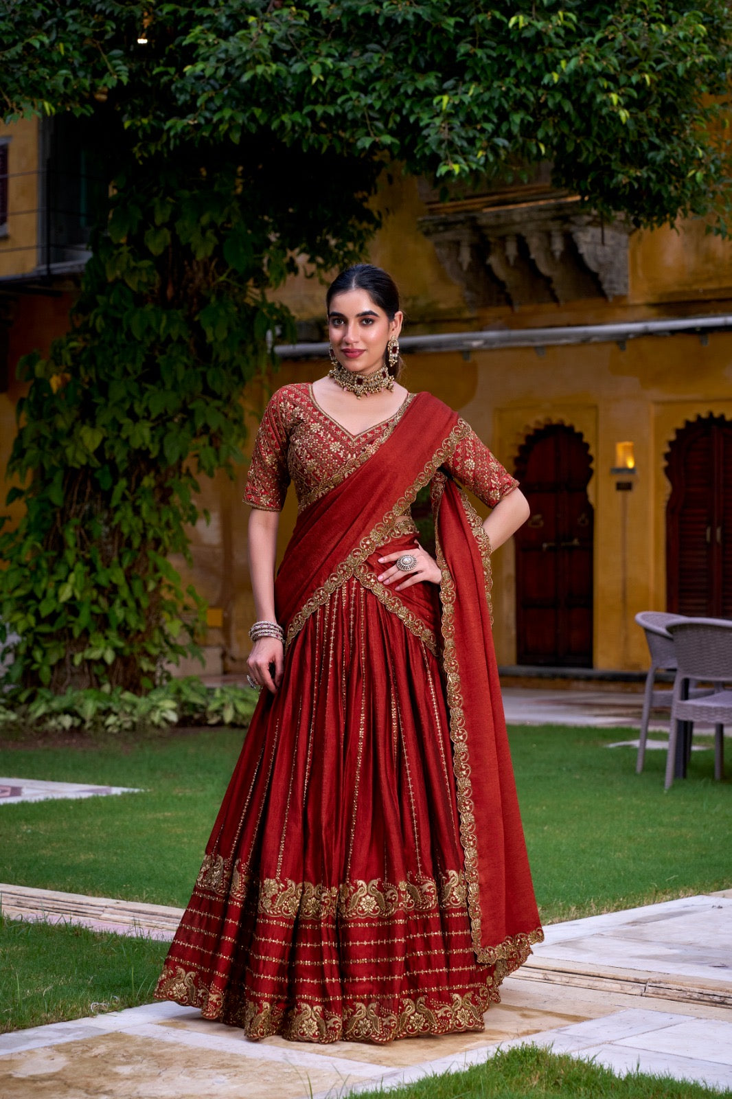Golden Threaded Rust Red Lehenga