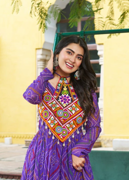 Patch Work Neck Bandhani Flared Gown